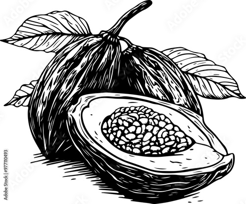 Vector Illustration of Whole and Halved Cacao Fruit