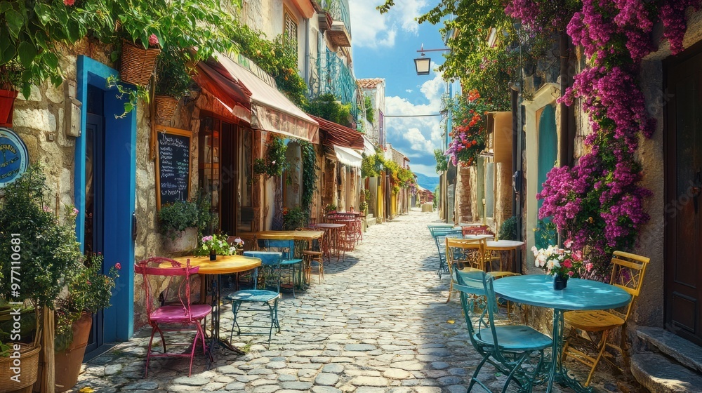 Obraz premium A street cafe with colorful tables and chairs in a quaint European village, with cobblestone streets and flowers.
