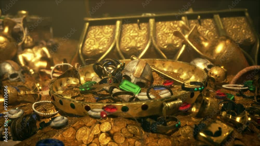 A cache of gold coins, ornate jewelry, and gleaming artifacts sprawls across the floor of a clandestine dungeon. A cache of gold coins, ornate jewelry, and gleaming artifacts sprawls across the floor of a clandestine dungeon.