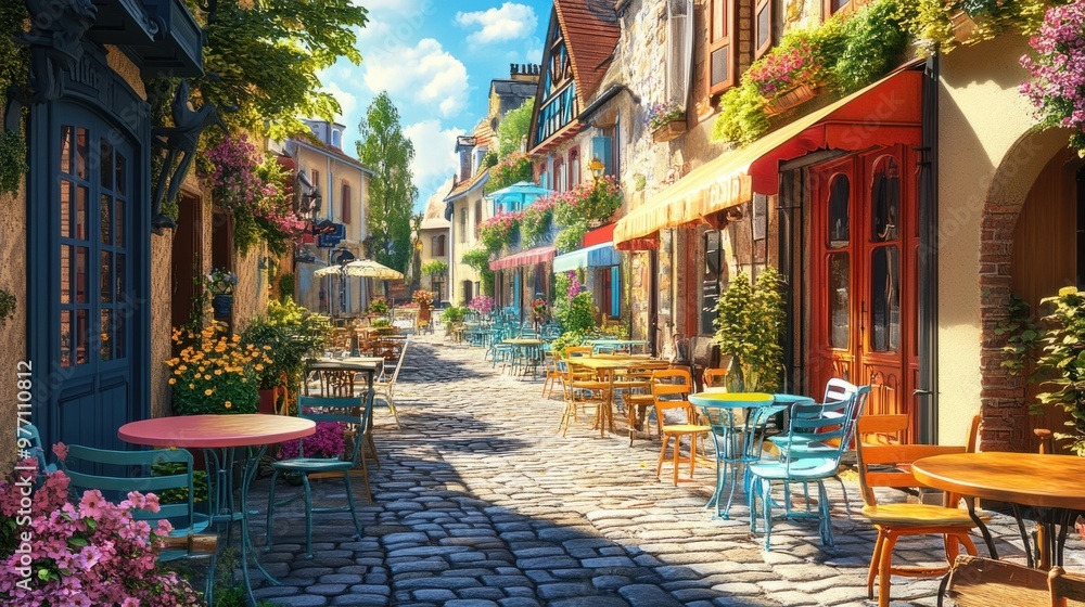 Fototapeta premium A street cafe with colorful tables and chairs in a quaint European village, with cobblestone streets and flowers.