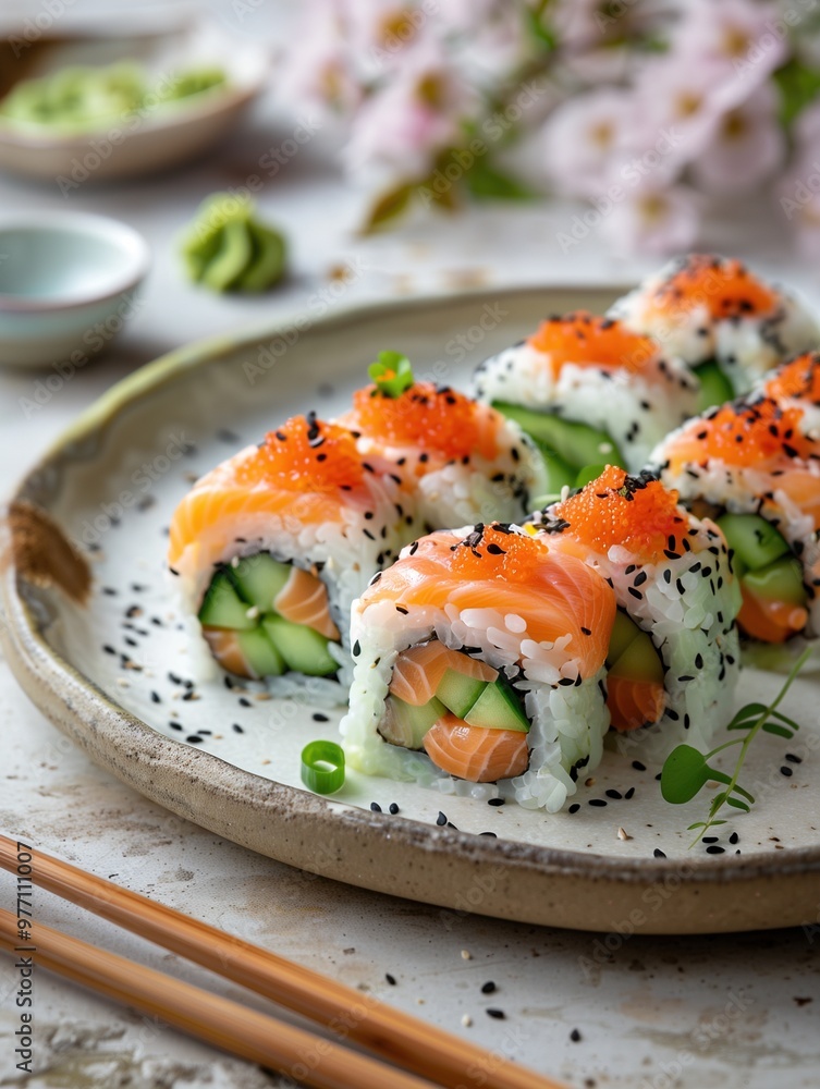 Cherry Blossom sushi roll with seared tuna, salmon, and avocado on a beige background Cherry Blossom sushi roll with seared tuna, salmon, and avocado on a beige background