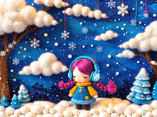 Girl with purple hair in headphones, snow, fantasy, art illustration, merry christmas, new year. photo