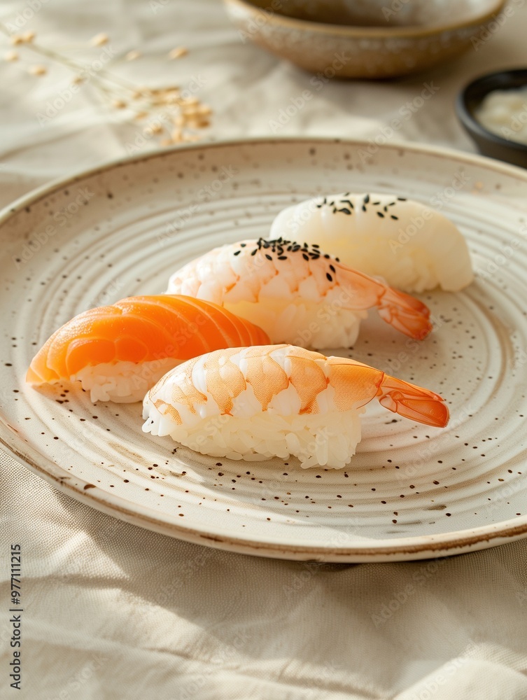 Close up photo of Ebi Nigiri shrimp sushi with rosemary on a light plate Close up photo of Ebi Nigiri shrimp sushi with rosemary on a light plate