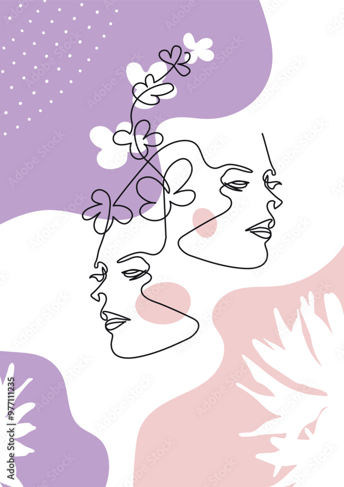 Female face drawn in one line. Fashion concept. Template for magazines, posters, flyers. Female face drawn in one line. Fashion concept. Template for magazines, posters, flyers.