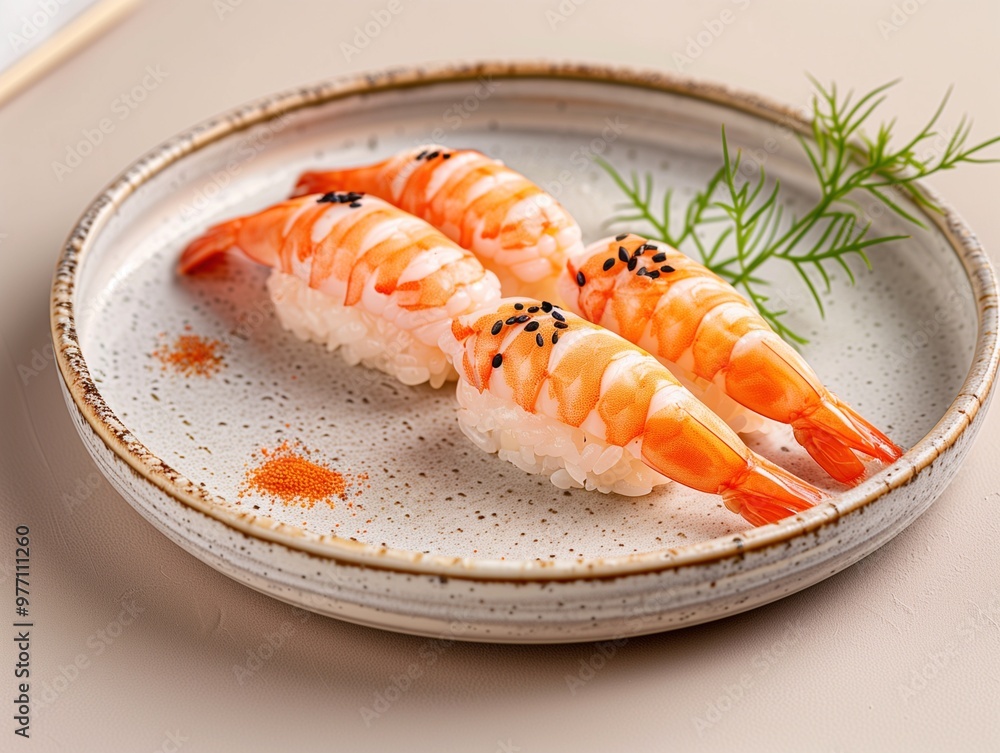 Close up photo of Ebi Nigiri shrimp sushi with rosemary on a light plate Close up photo of Ebi Nigiri shrimp sushi with rosemary on a light plate