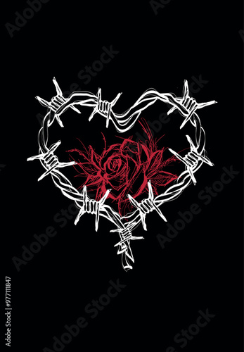 Vector Barbed wire heart with a rose in the center on a black background. Valentine's Day sketch.