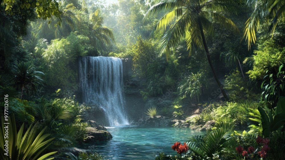 A tropical rainforest scene with a waterfall cascading into a pool surrounded by lush green foliage. A tropical rainforest scene with a waterfall cascading into a pool surrounded by lush green foliage.