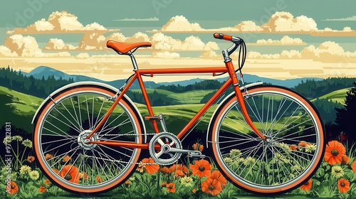 Bicycle illustrated in a vintage travel poster style