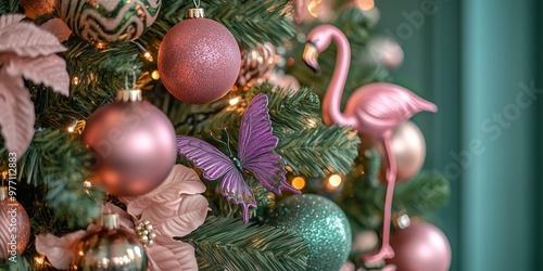 A close-up shot of an elegant tropical Christmas tree decorated with vibrant pink and green baubles, swan, palm leaves, tropical flowers, metallic butterfly accents, a neon purple flamingo figurine.