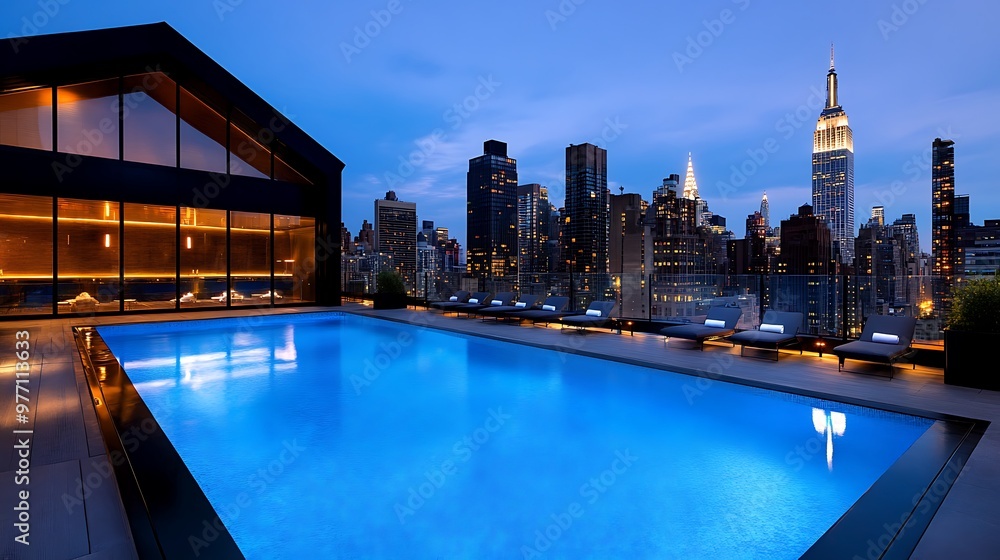 Fototapeta premium Serene Rooftop Pool with Breathtaking City Skyline 