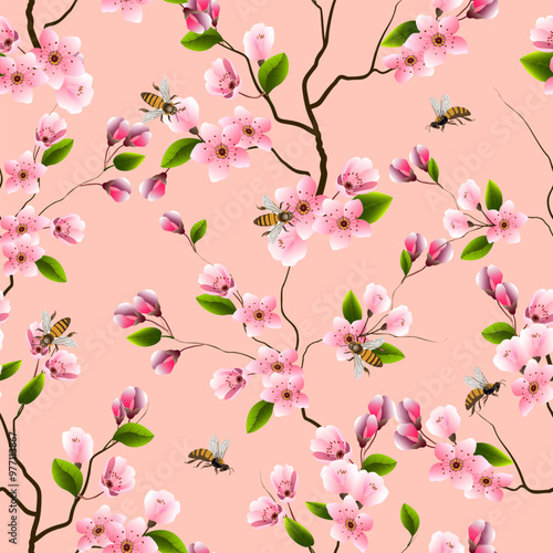 Pattern of cherry branches and bees.Bees and branches of a blossoming cherry in a pattern on a colored background.