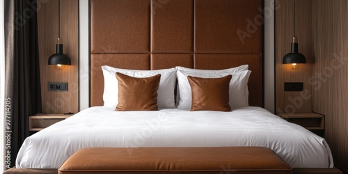 Fully Furnished Hotel Room with Modern Decor and Brown Color Scheme