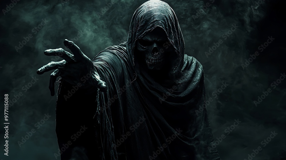 The Grim Reaper, wreathed in smoke, extends a bony hand from the darkness. The Grim Reaper, wreathed in smoke, extends a bony hand from the darkness.