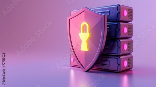 A digital shield with a lock symbol guarding server stacks, representing cybersecurity and data protection in a modern aesthetic.