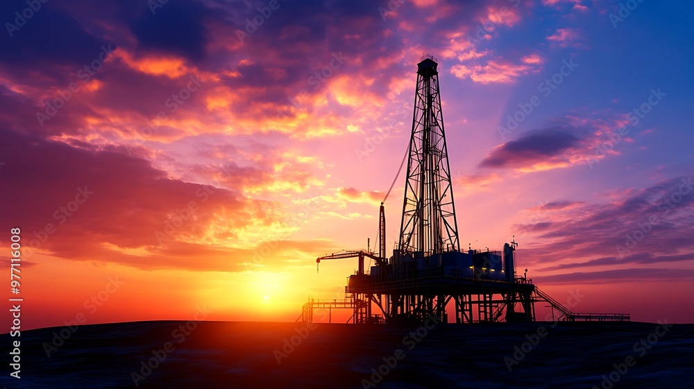 Sunset Oil Rig with Drilling Equipment and Pipeline System Sunset Oil Rig with Drilling Equipment and Pipeline System