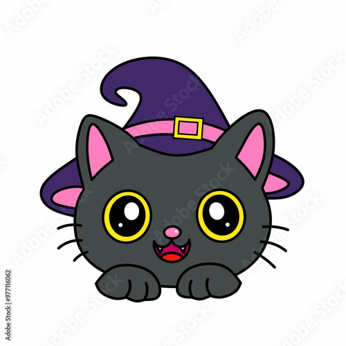 Cute black cat wearing witch hat on kawaii style vector Illustration.