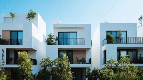 Daylight view of contemporary white townhouses, highlighted by smooth concrete walls and open balconies.