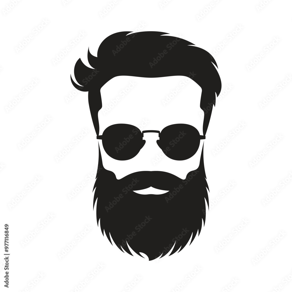 Fototapeta premium Silhouette of a man's head with a thick beard and hairstyle and sunglasses, black outline.