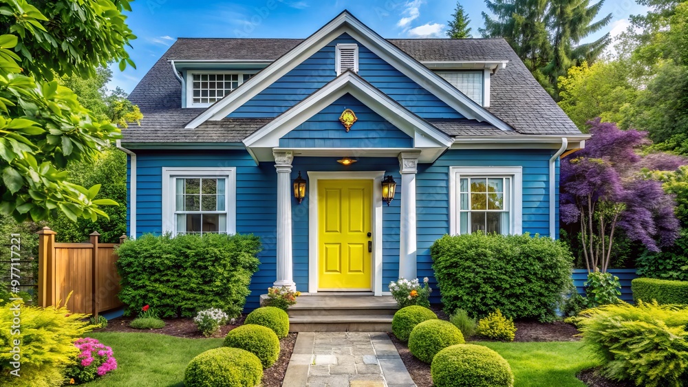 A stunning blue residence boasts a radiant yellow front door and pristine white trim, surrounded by lush greenery, A stunning blue residence boasts a radiant yellow front door and pristine white trim, surrounded by lush greenery,