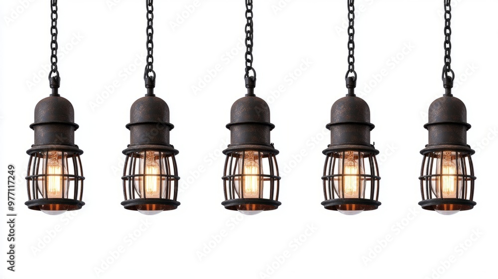 Industrial hanging lamp set with exposed bulbs and metal cages, isolated in PNG format for easy design integration. Industrial hanging lamp set with exposed bulbs and metal cages, isolated in PNG format for easy design integration.
