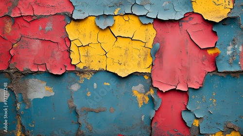 Close-up of a weathered, peeling paint surface in red, yellow, and blue.