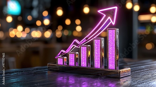 A neon pink arrow chart rises upward, illuminating a sleek bar counter with futuristic energy. photo