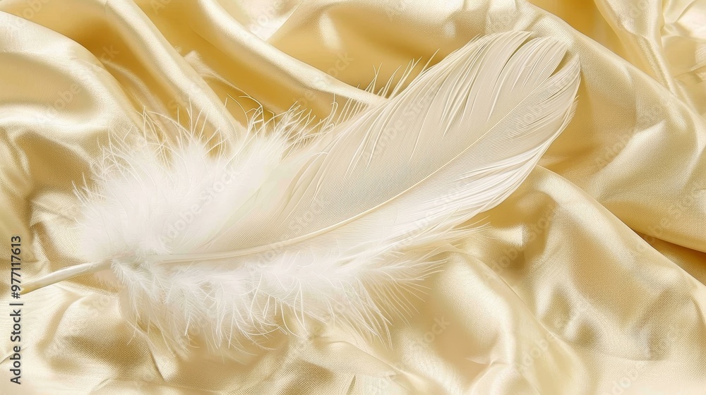 Single White Feather on Soft Gold Satin, Delicate Wave Pattern, Minimalist Gentle Beauty Trend Single White Feather on Soft Gold Satin, Delicate Wave Pattern, Minimalist Gentle Beauty Trend