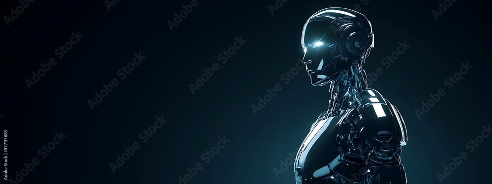 A close-up of a metallic humanoid robot with glowing eyes. A close-up of a metallic humanoid robot with glowing eyes.