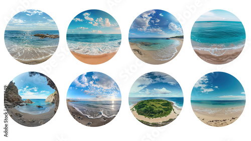 Scenic beach landscapes in circular frames with clear blue skies and ocean waves, isolated on transparent background