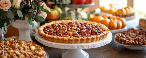 A beautifully arranged dessert table with various pies, showcasing seasonal fruits and nuts, perfect for gatherings and celebrations. photo