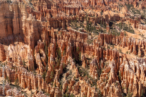 A beautiful view of Hoodoos with greenery and red rocks in Bryce Canyon, Utah.