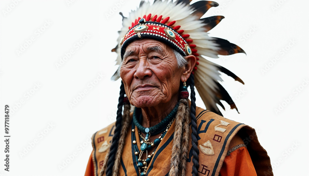 Elderly Native American man in traditional attire, showcasing wisdom and cultural heritage against a white background.
Elderly Native American man in traditional attire, showcasing wisdom and cultural heritage against a white background.