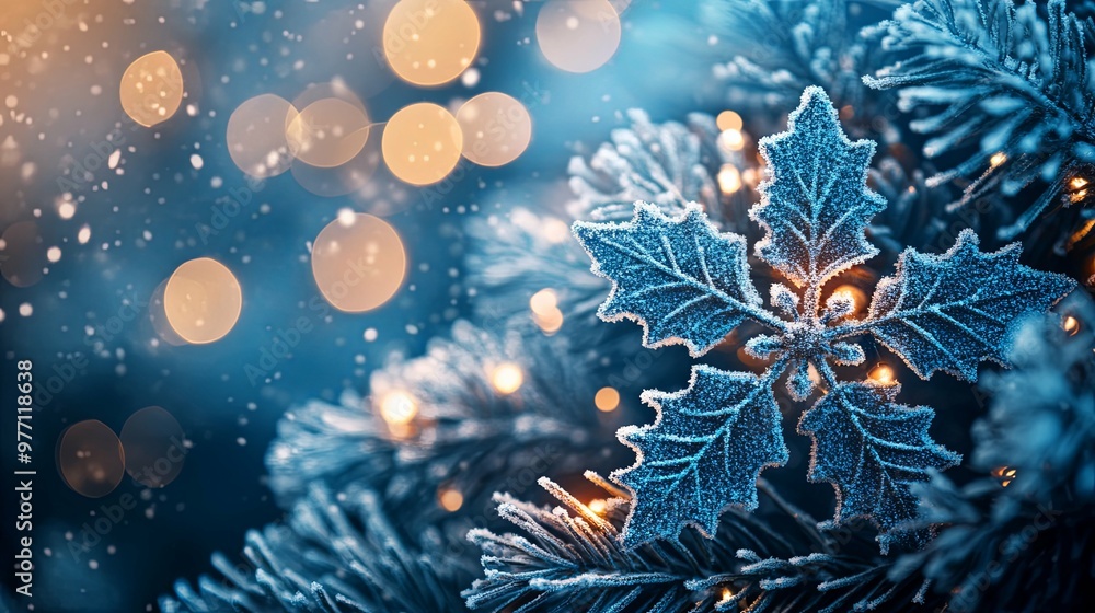 Frosted Holly Leaves with Twinkling Lights and Falling Snow Frosted Holly Leaves with Twinkling Lights and Falling Snow