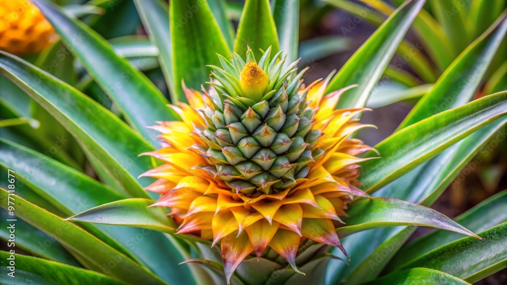 Fototapeta premium A tropical plant with succulent, fleshy leaves and a vibrant yellow flower head, it bursts with color and