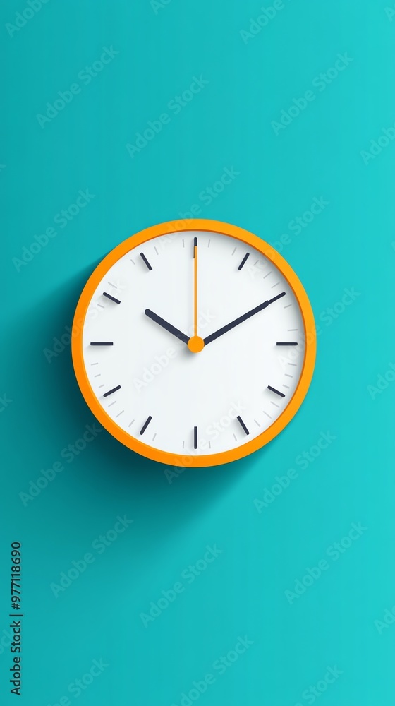 Simple clock with an orange rim, white face, and black hands set to 12 o'clock on a turquoise background. Simple clock with an orange rim, white face, and black hands set to 12 o'clock on a turquoise background.