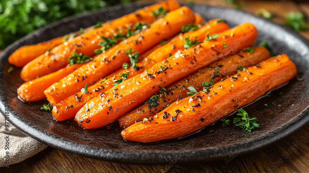 A close-up of perfectly roasted carrots garnished with herbs and spices, served on a rustic plate, ideal for healthy meal inspiration. A close-up of perfectly roasted carrots garnished with herbs and spices, served on a rustic plate, ideal for healthy meal inspiration.