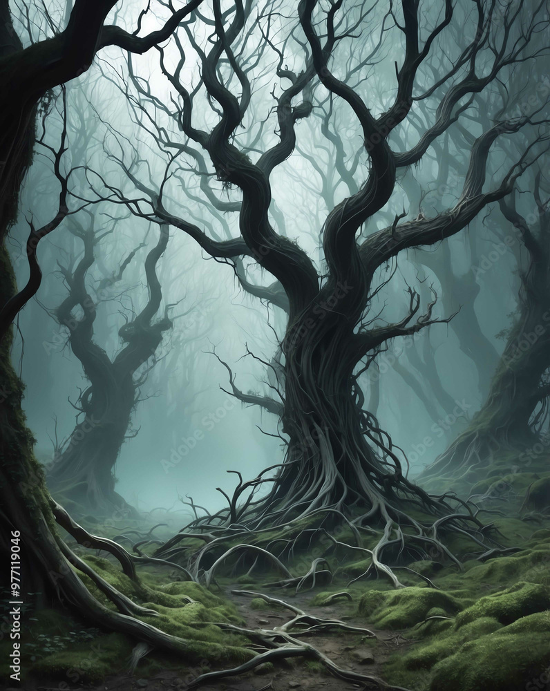 Naklejka premium Creepy forest with twisted branches