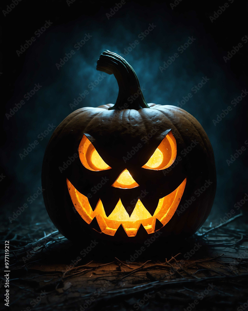 Naklejka premium Creepy jack o lantern glowing in darkness