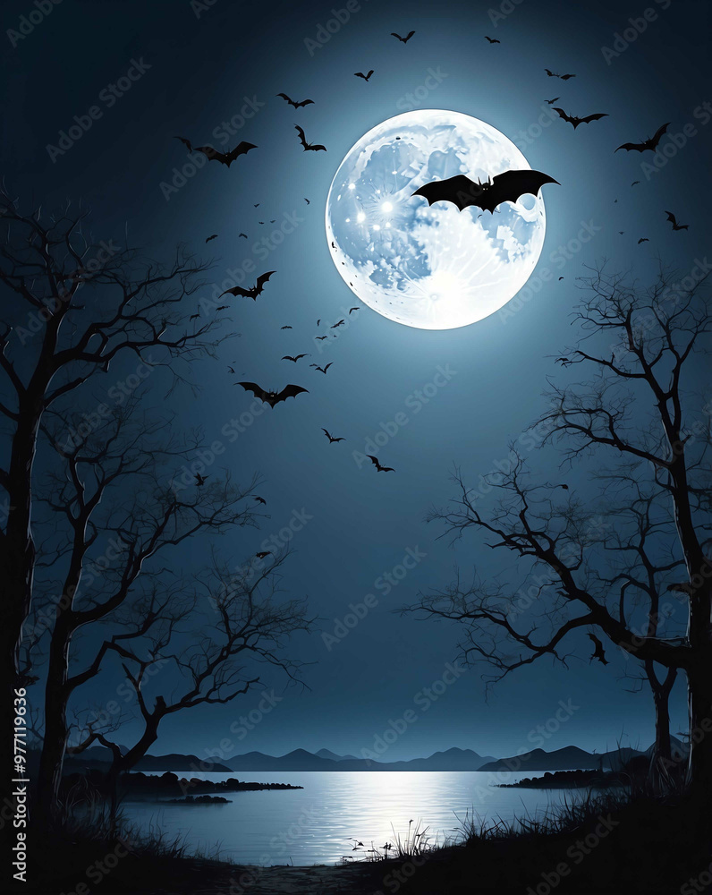 Fototapeta premium Full moon with bats flying