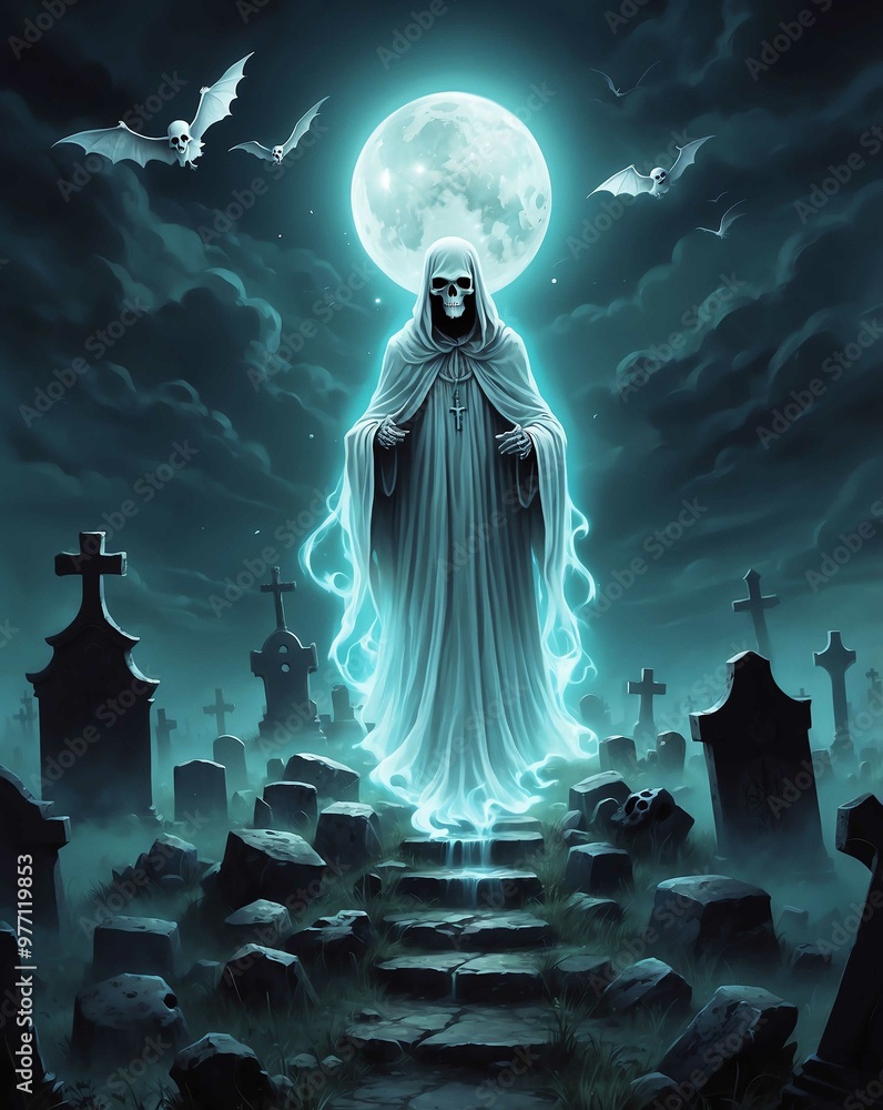 Ghost floating over a dark graveyard Ghost floating over a dark graveyard