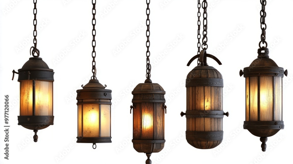 Set of rustic hanging lamps with wooden and metal elements, cut out in PNG format for transparent use. Set of rustic hanging lamps with wooden and metal elements, cut out in PNG format for transparent use.