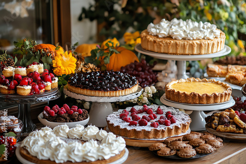 A vibrant display of assorted desserts, featuring pies, tarts, and cakes adorned with fresh fruits and whipped cream.