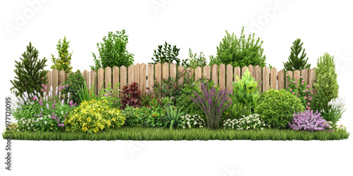 Lush garden with colorful plants and wooden fence background