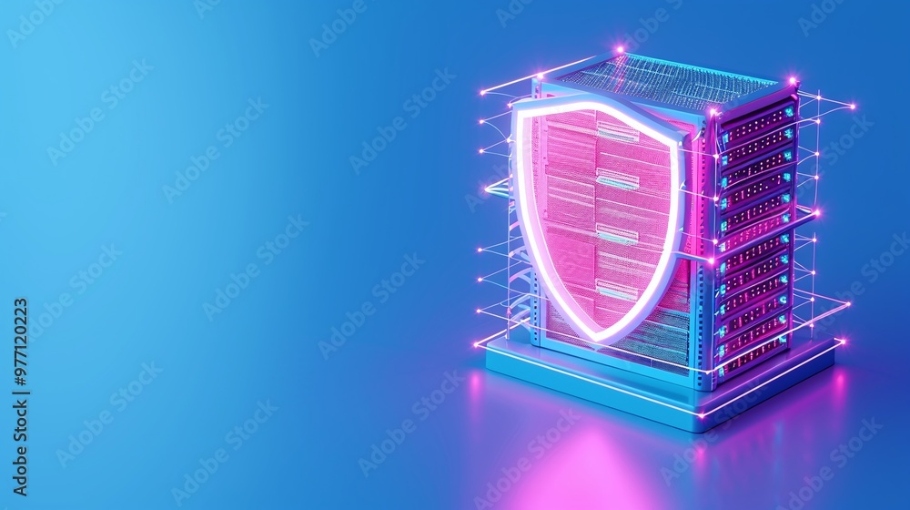 Fototapeta premium A futuristic server with a glowing shield symbolizing data security and protection in a digital environment.