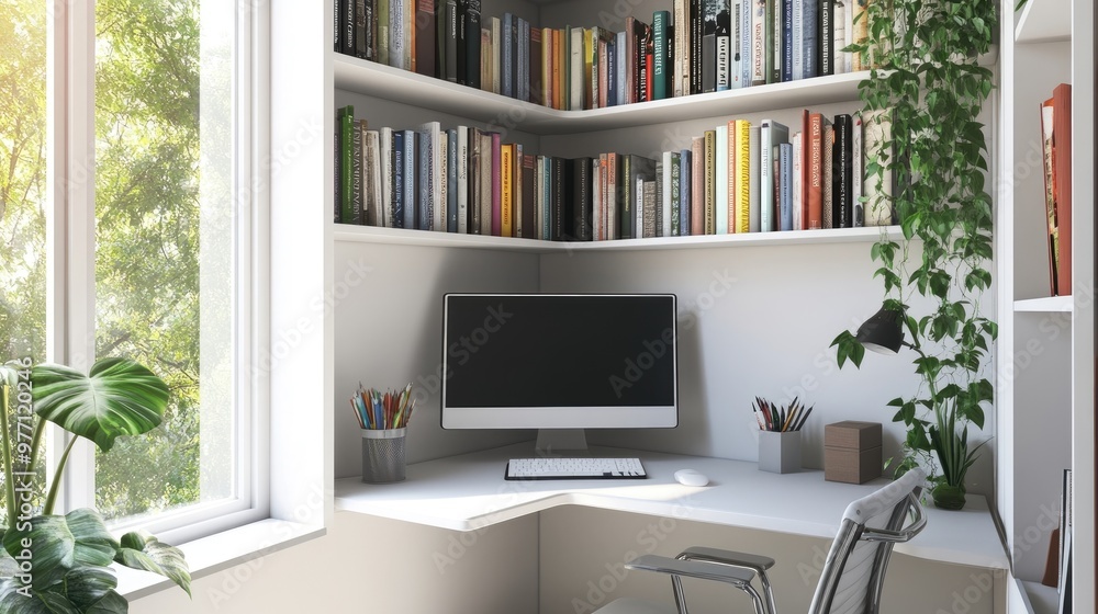 Space-saving corner bookshelf with a slim design, fitting seamlessly into a small home office Space-saving corner bookshelf with a slim design, fitting seamlessly into a small home office
