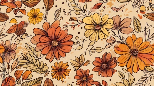 Wallpaper Mural Doodle sketch style hand drawn illustration featuring a seamless floral pattern with flowers leaves decorative elements splashes blots and drops in brown orange and yellow tones Torontodigital.ca