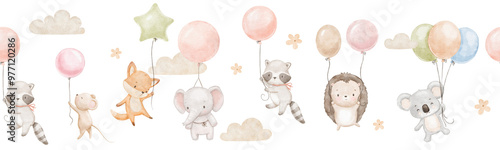 Seamless watercolor border with cute baby koala, elephant and mouse. Funny animals are flying with balloons in clouds. Hand drawn illustrations set