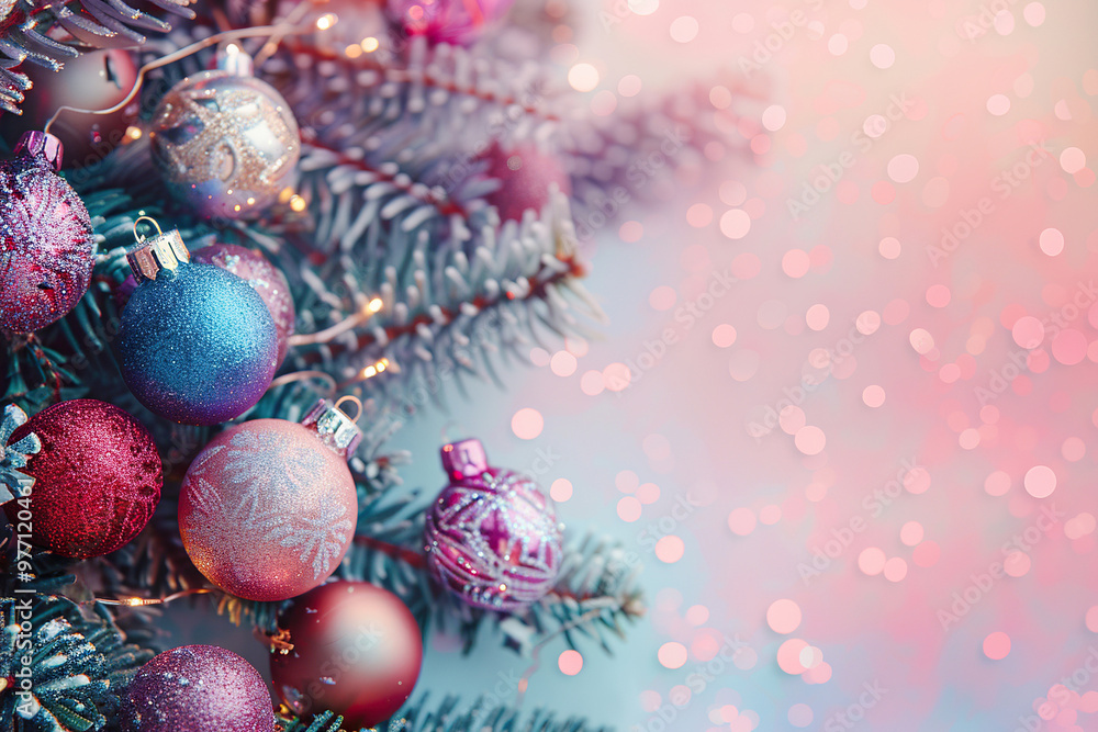 Fototapeta premium Christmas greeting card with bright winter holiday composition and New Year background