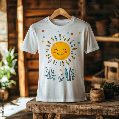 A cheerful sun graphic on a white t-shirt, ideal for casual wear. photo