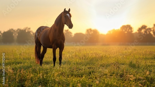 A majestic horse stands gracefully in a sunlit meadow at dusk, surrounded by golden fields and vibrant nature. Generative AI